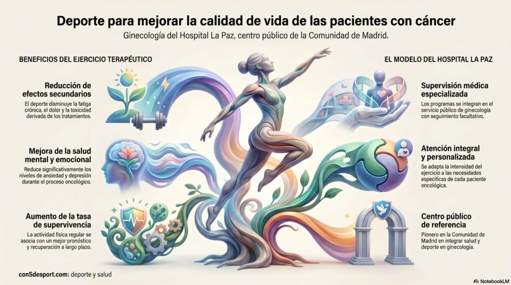 Deporte para mejorar la calidad de vida de las pacientes con cáncer. Así lo promueve el Servicio de Ginecología del Hospital La Paz, centro público de la Comunidad de Madrid. 