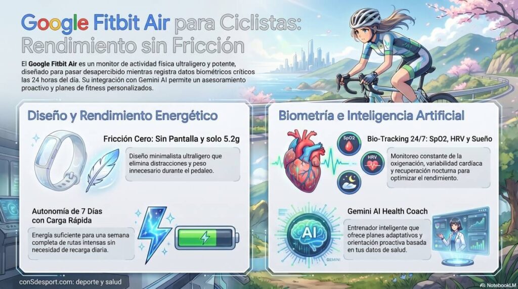 Sin embargo, Google acaba de dar un golpe sobre la mesa con el lanzamiento de la Google Fitbit Air, una pulsera de actividad sin pantalla y ultraligera que llega para cambiar las reglas del juego en el seguimiento de nuestra salud y recuperación.