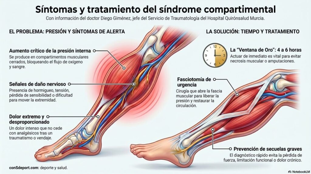 Síntomas y tratamiento del síndrome compartimental. Las causas más frecuentes están relacionadas con traumatismos, como fracturas, aplastamientos o contusiones severas.