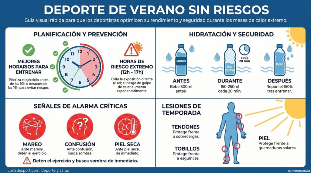 en este segundo artículo de la serie Deporte y Salud, damos un paso más y entramos en el terreno práctico: cómo entrenar de forma segura en verano, qué hacer y qué evitar, cómo hidratarse correctamente y cómo prevenir las lesiones más habituales en esta época del año.
